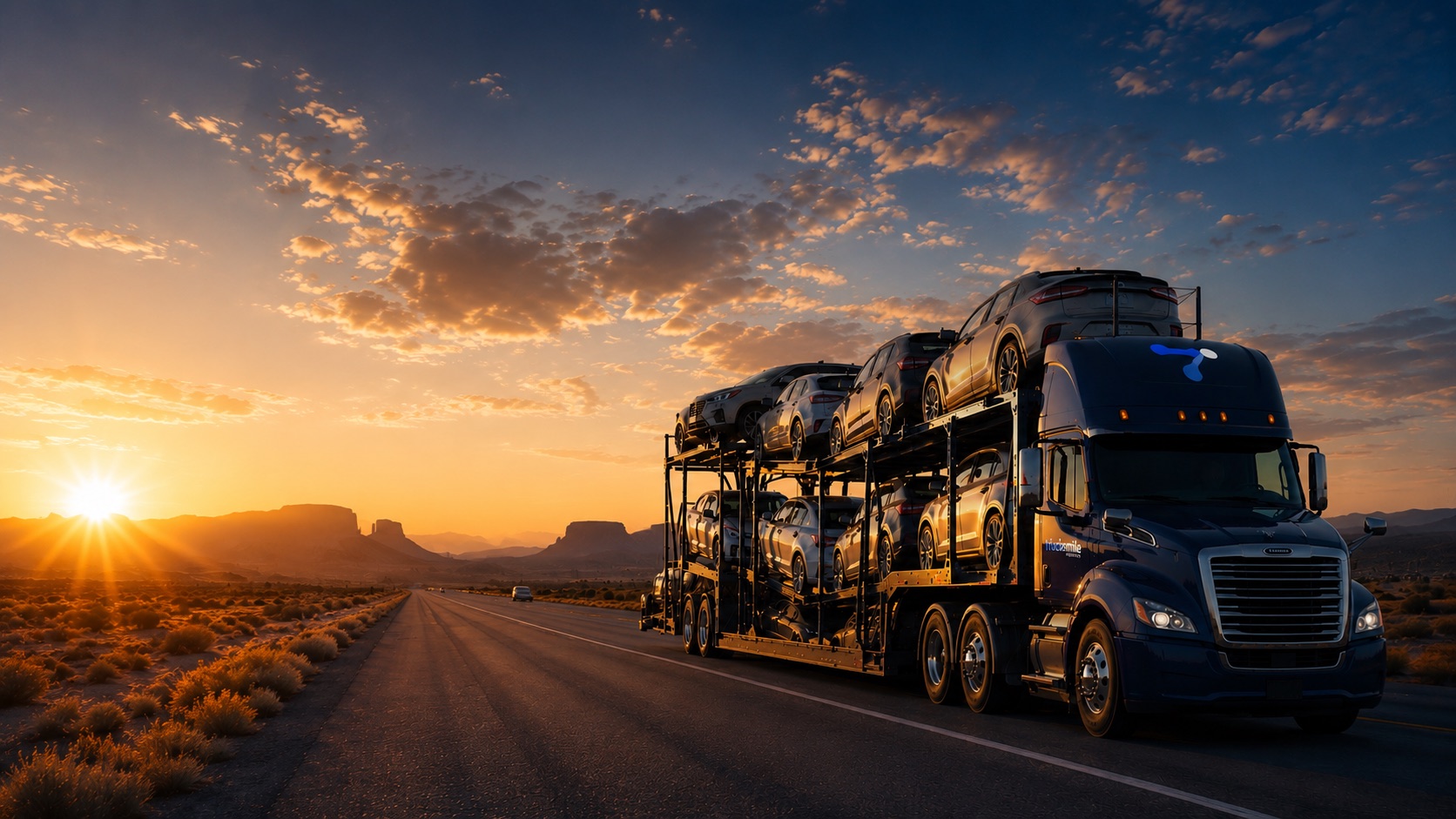 Caminhão cegonha Trucksmile ao entardecer